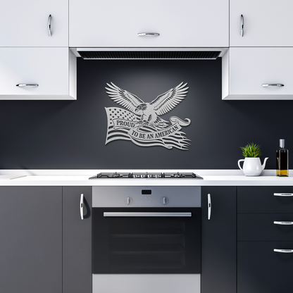 Silver American flag metal sign in dark kitchen — patriotic bald eagle decor
