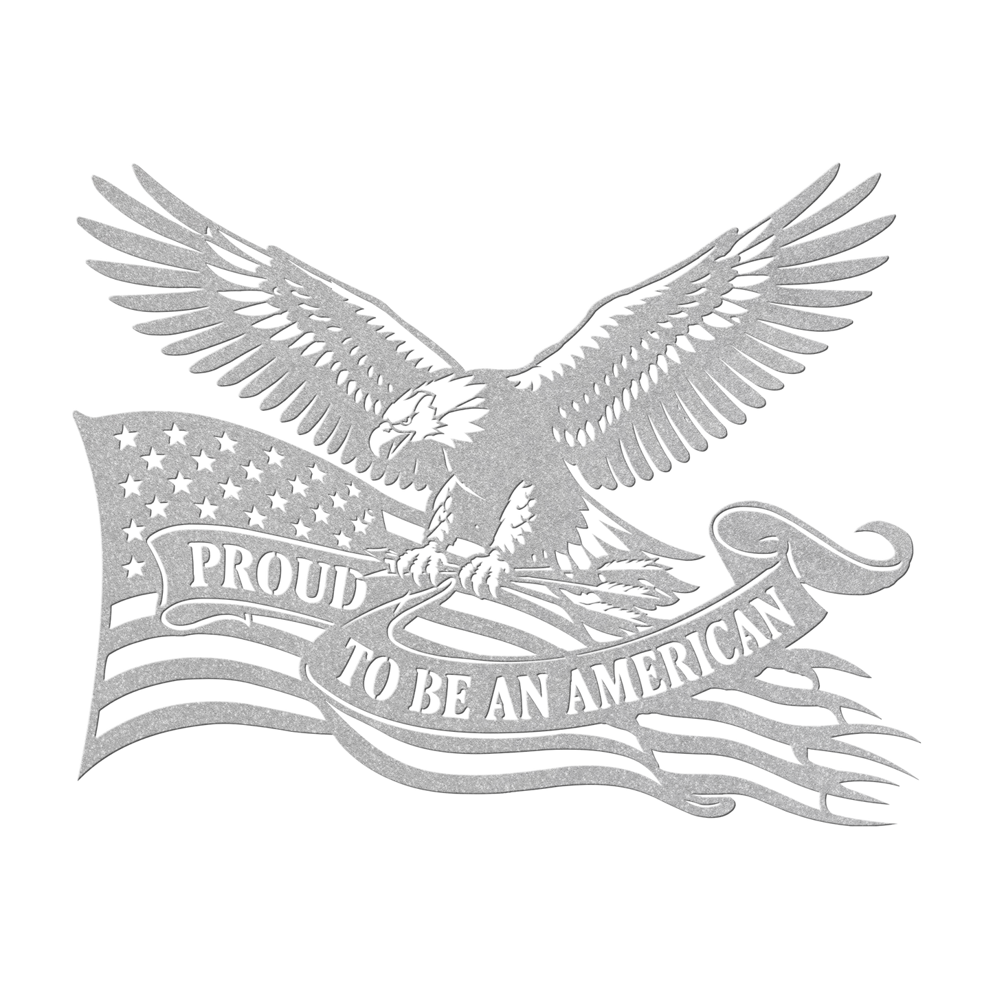 Proud to Be an American metal wall art in silver — patriotic bald eagle flag sign
