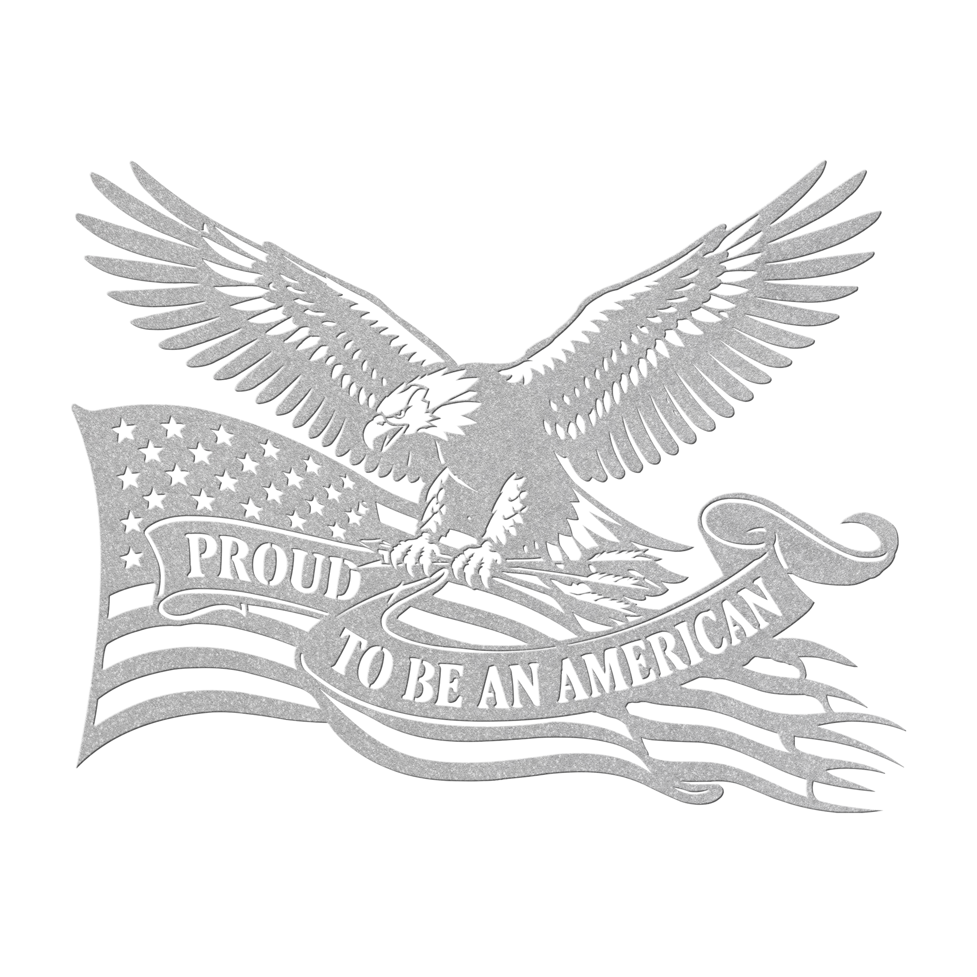 Proud to Be an American metal wall art in silver — patriotic bald eagle flag sign