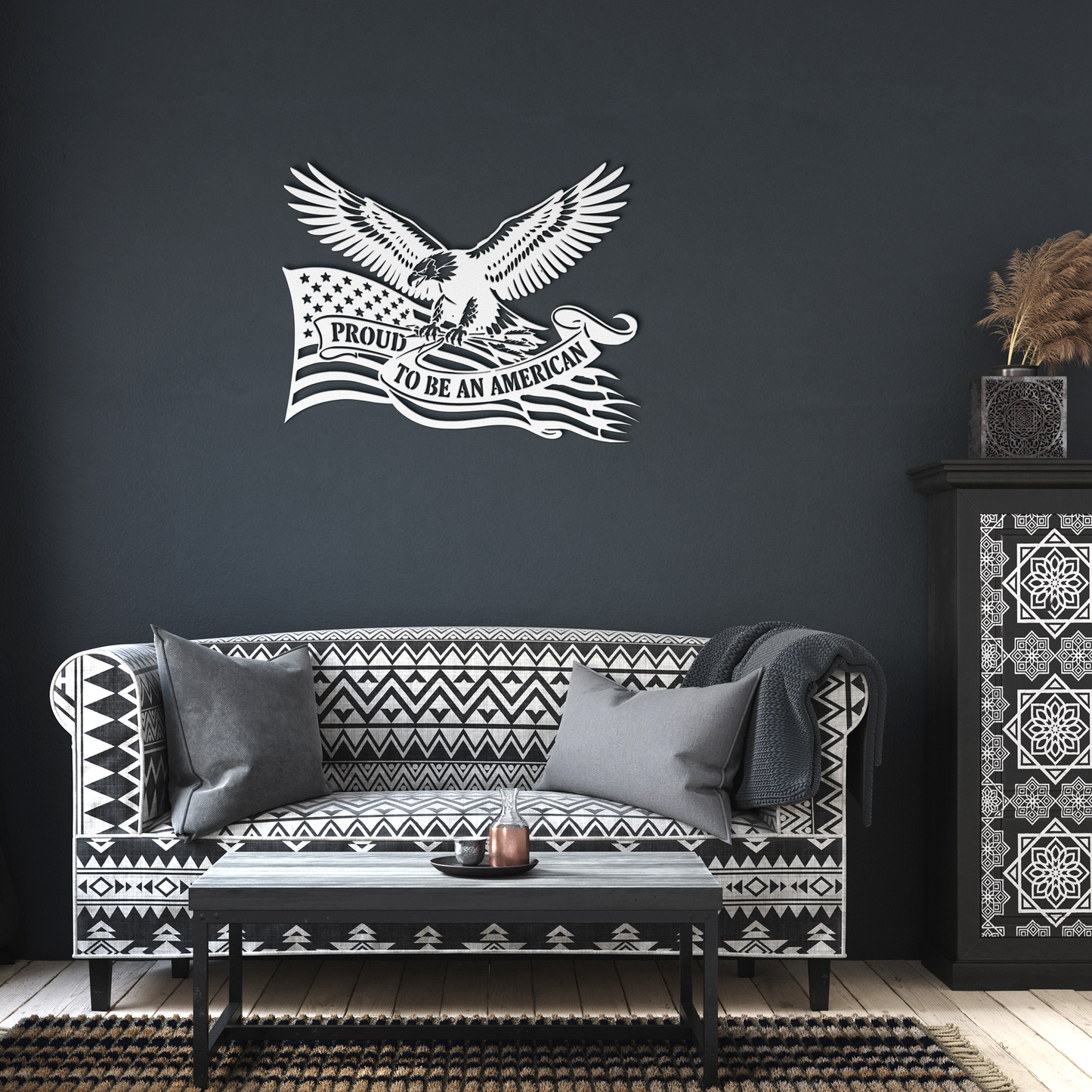 White Proud to Be an American metal sign in living room — patriotic wall decor