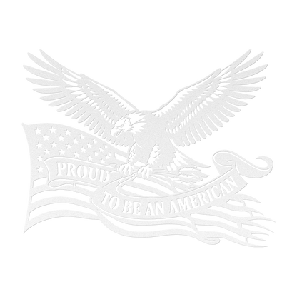Proud to Be an American metal wall art in white — patriotic bald eagle flag sign