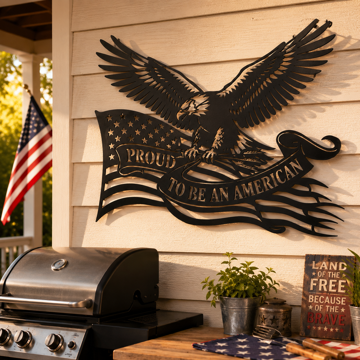 Proud to Be an American bald eagle metal wall art in black — patriotic flag sign