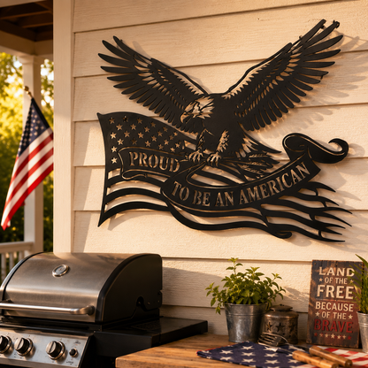 Proud to Be an American bald eagle metal wall art in black — patriotic flag sign