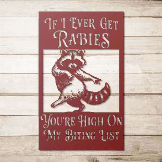 raccoon dancing metal sign