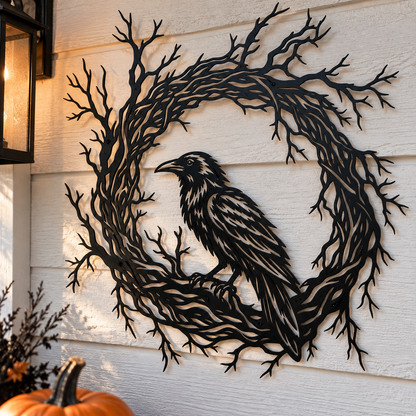 Gothic raven branch wreath metal wall art on an autumn porch — dark botanical Halloween steel decor