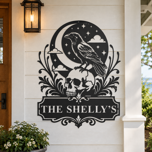 Custom Halloween Family Sign — Personalized Raven Skull Gothic Metal Wall Art