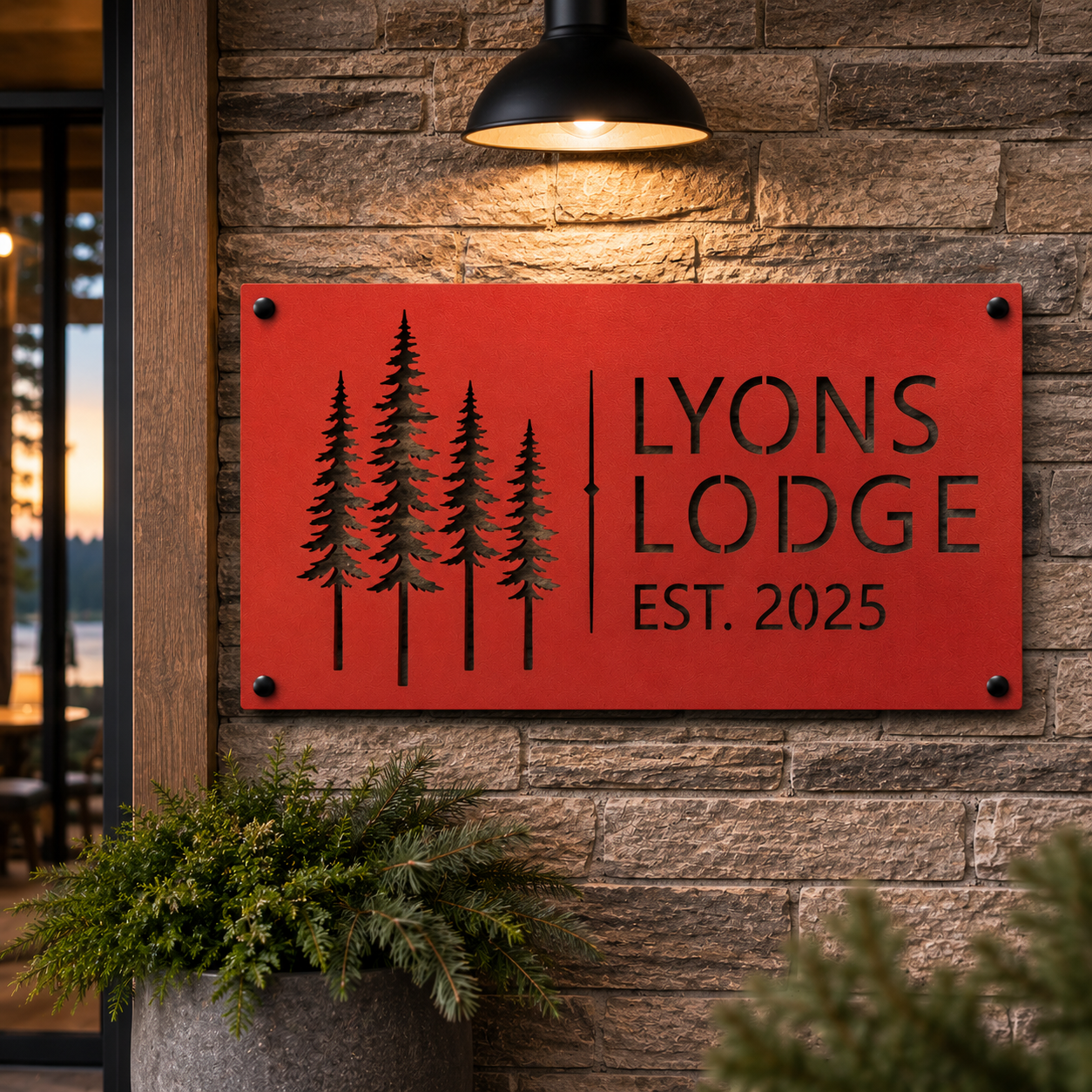 Personalized pine tree lodge metal sign in red — custom cabin name wall art