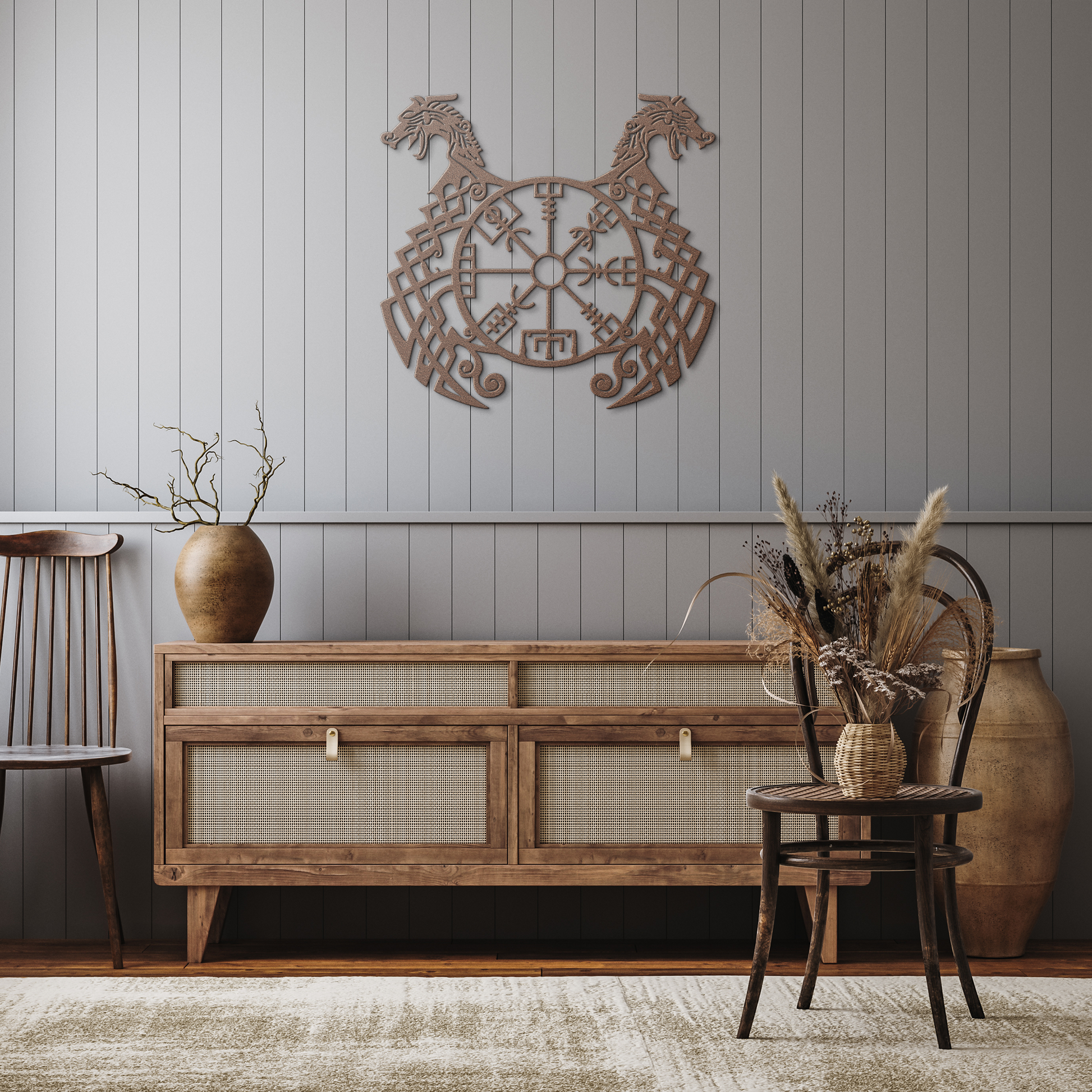Runic_Compass_Runes_Dragons_Metal_Sign__Copper_Rustic_Hallway_Mockup.png