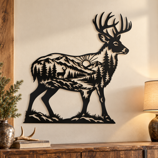 Deer buck metal sign in black — rustic mountain wildlife steel wall art