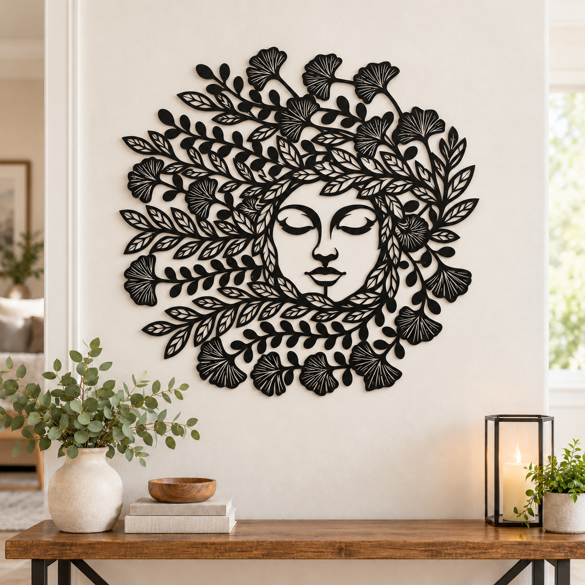 Mother Nature metal wall art in black — serene botanical goddess face in a floral circle, plasma-cut steel