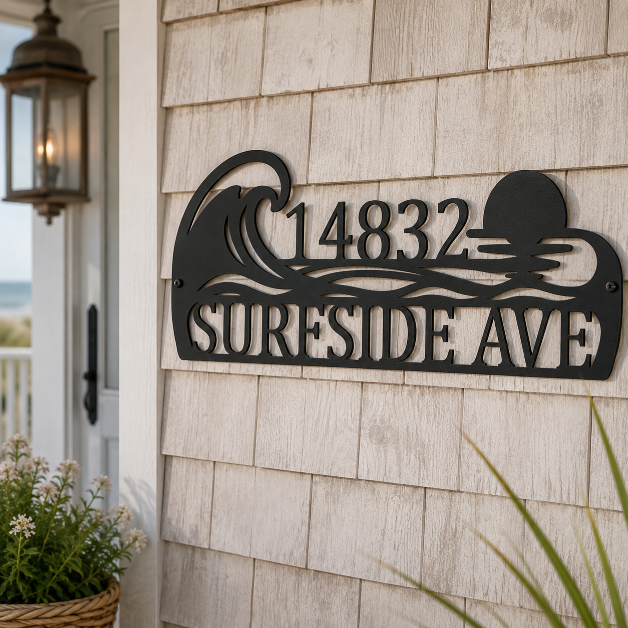 Custom coastal address sign — personalized ocean wave house number in plasma-cut steel