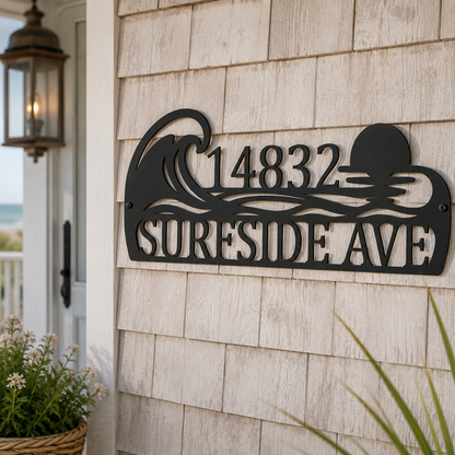 Custom coastal address sign — personalized ocean wave house number in plasma-cut steel