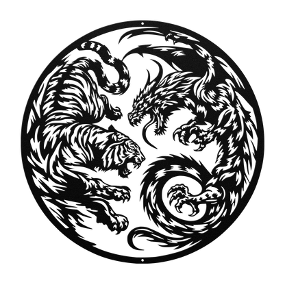 Tiger dragon yin yang steel wall art in copper — eastern philosophy home decor