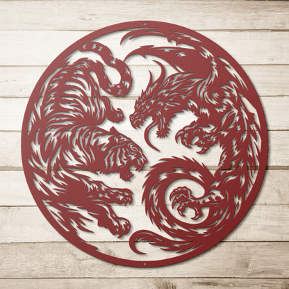 Tiger vs dragon yin yang metal sign in red — martial arts dojo wall art