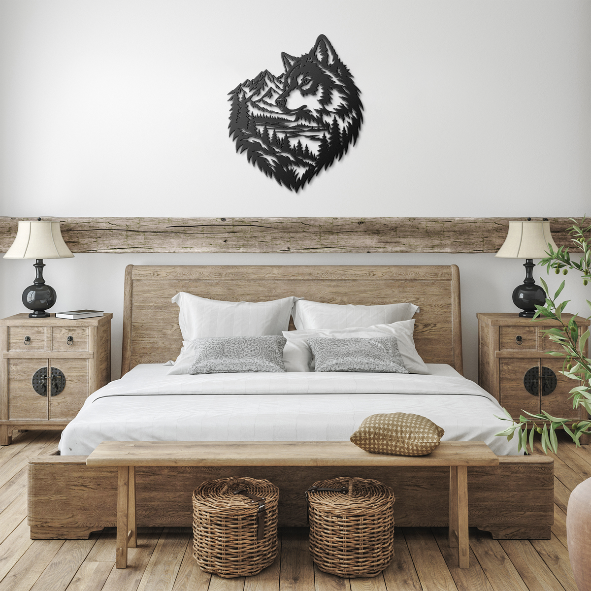 Black timber wolf rustic metal sign in a farmhouse room — rustic steel wall decor