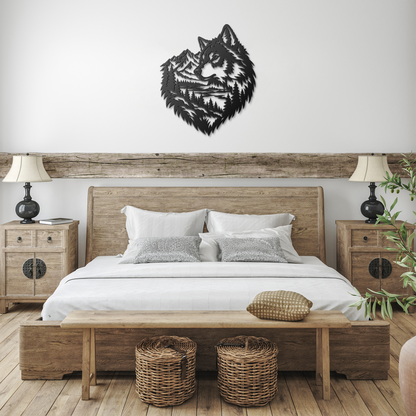 Black timber wolf rustic metal sign in a farmhouse room — rustic steel wall decor