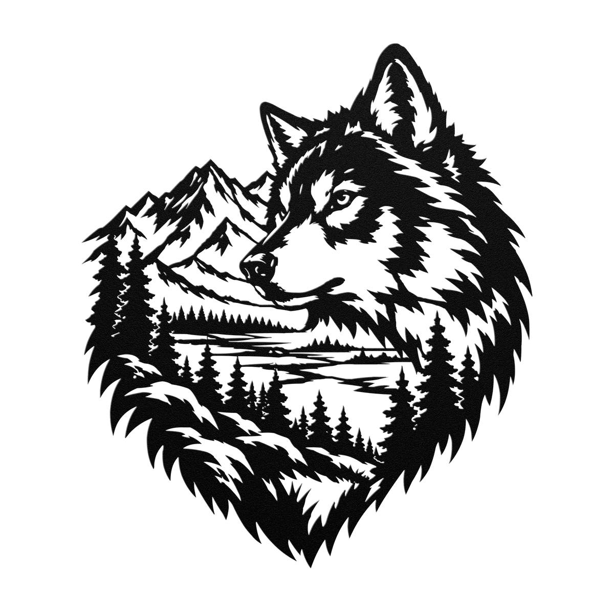 Timber wolf rustic metal sign in black — rustic wilderness wildlife steel wall decor