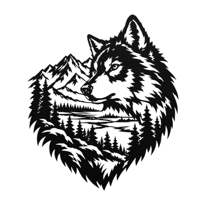 Timber wolf rustic metal sign in black — rustic wilderness wildlife steel wall decor