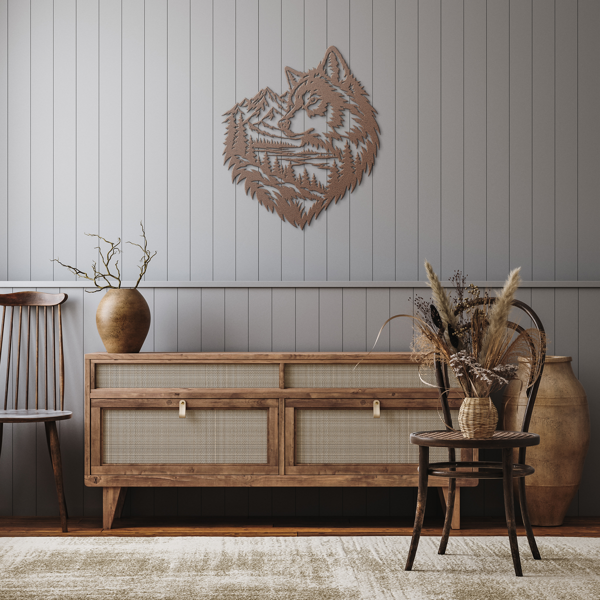Copper timber wolf rustic metal sign in a rustic hallway — rustic steel wall decor