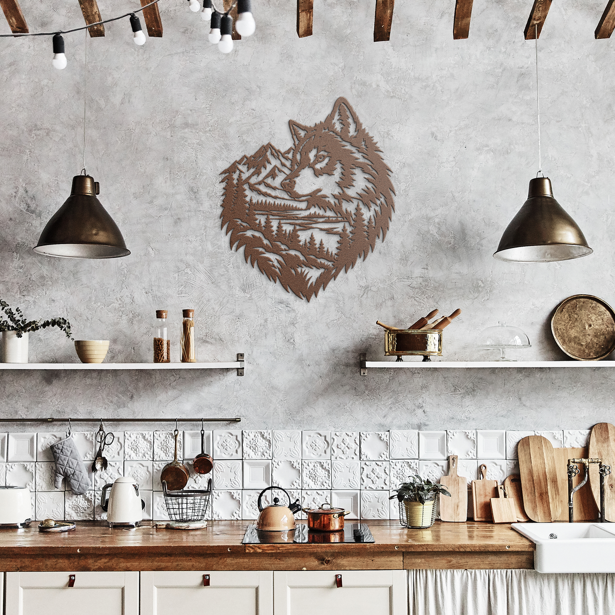 Copper timber wolf rustic metal sign in a rustic kitchen — rustic steel wall decor