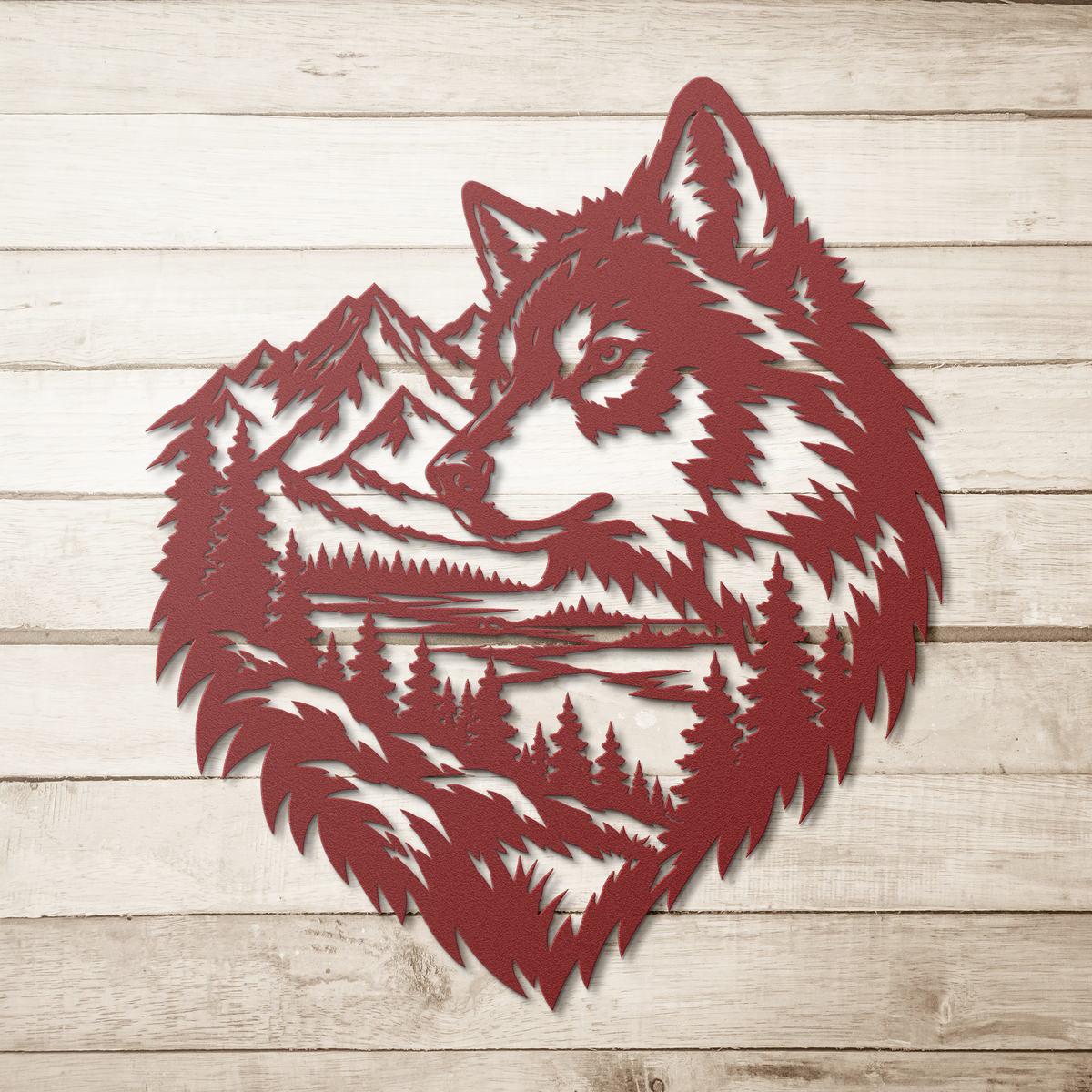 Red timber wolf rustic metal sign on a wood background — rustic steel wall decor