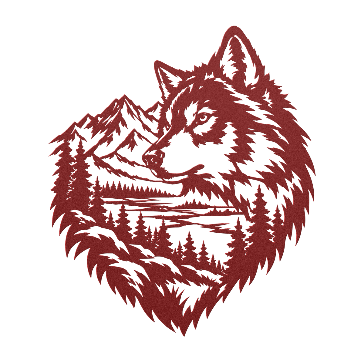 Timber wolf rustic metal sign in red — rustic wilderness wildlife steel wall decor