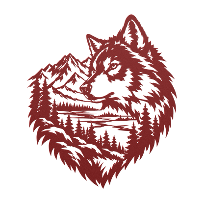 Timber wolf rustic metal sign in red — rustic wilderness wildlife steel wall decor