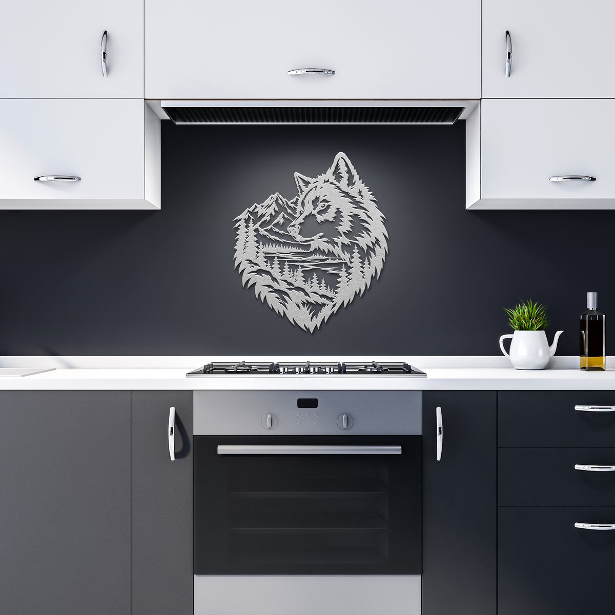 Silver timber wolf rustic metal sign in a dark kitchen — rustic steel wall decor