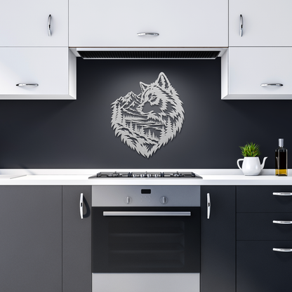 Silver timber wolf rustic metal sign in a dark kitchen — rustic steel wall decor