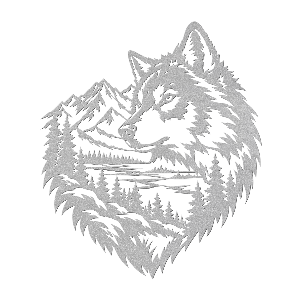 Timber wolf rustic metal sign in silver — rustic wilderness wildlife steel wall decor