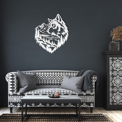 White timber wolf rustic metal sign in a living room — rustic steel wall decor