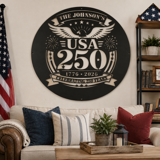 Personalized USA 250th anniversary metal sign with bald eagle fireworks and 1776-2026 dates — black powder-coated steel wall art
