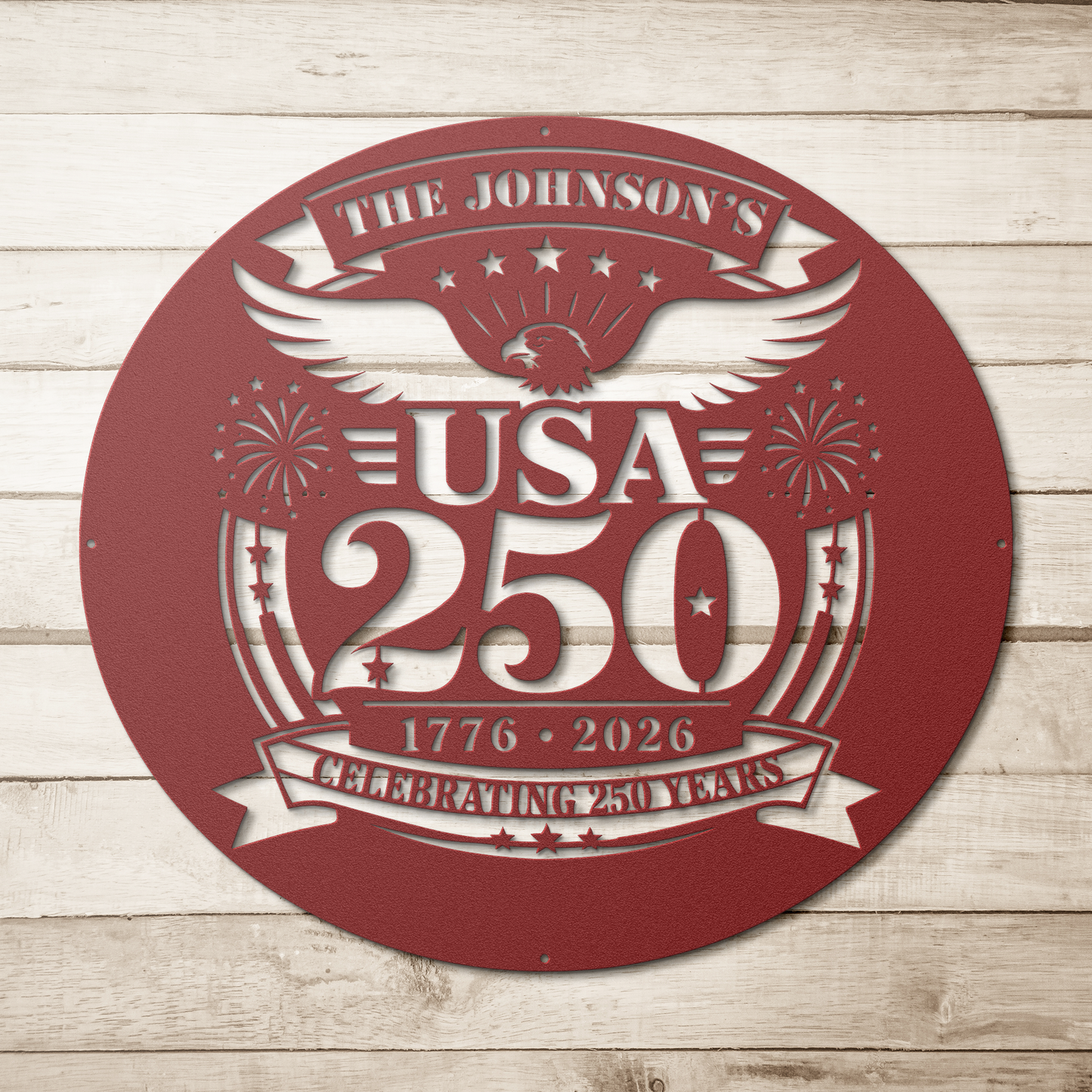 Custom family name USA 250 anniversary metal sign mounted on a porch wall — personalized patriotic 4th of July wall art
