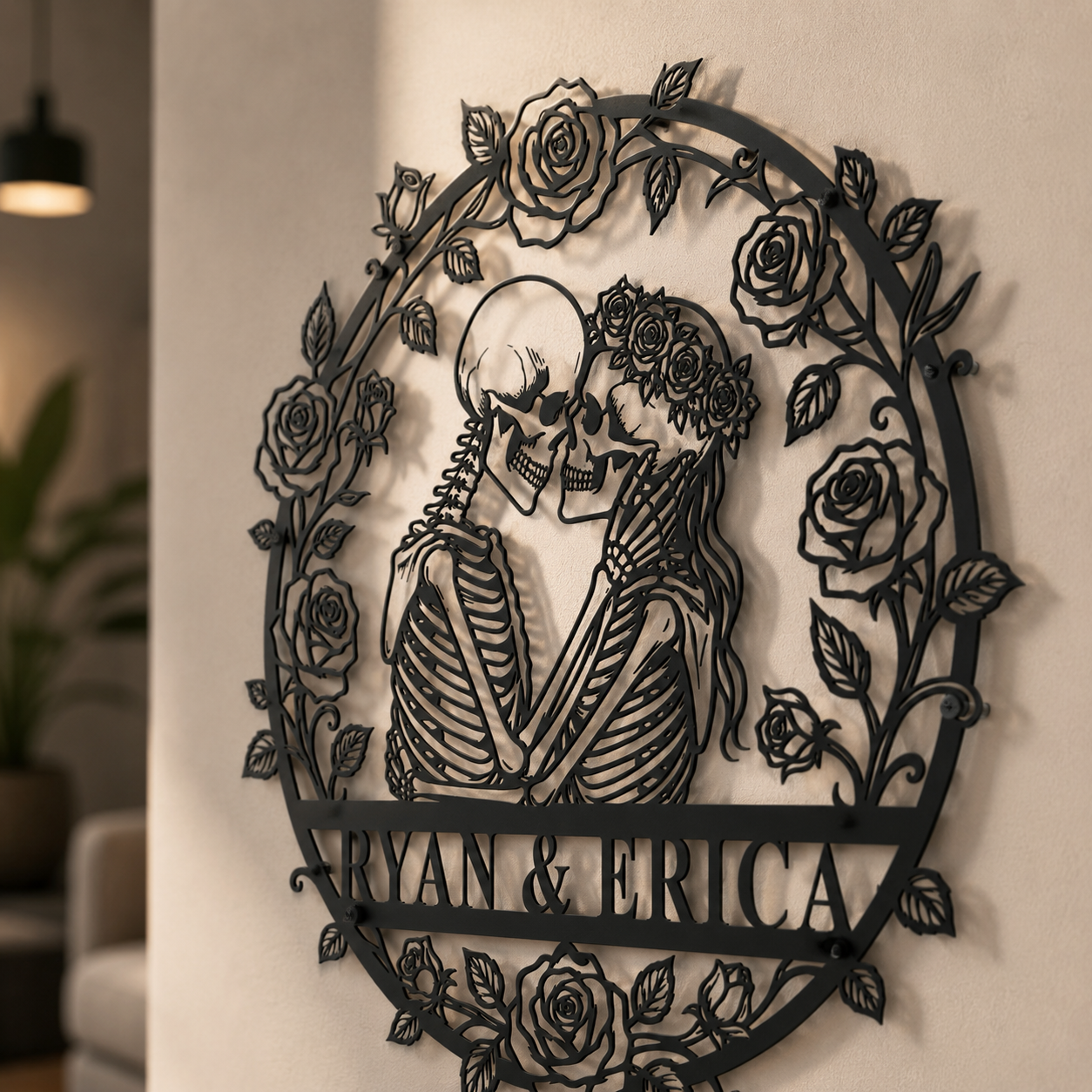 Custom skeleton couple wall art in white — alternative wedding and anniversary decor