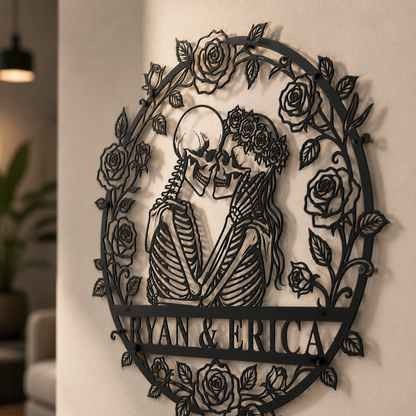 Custom skeleton couple wall art in white — alternative wedding and anniversary decor