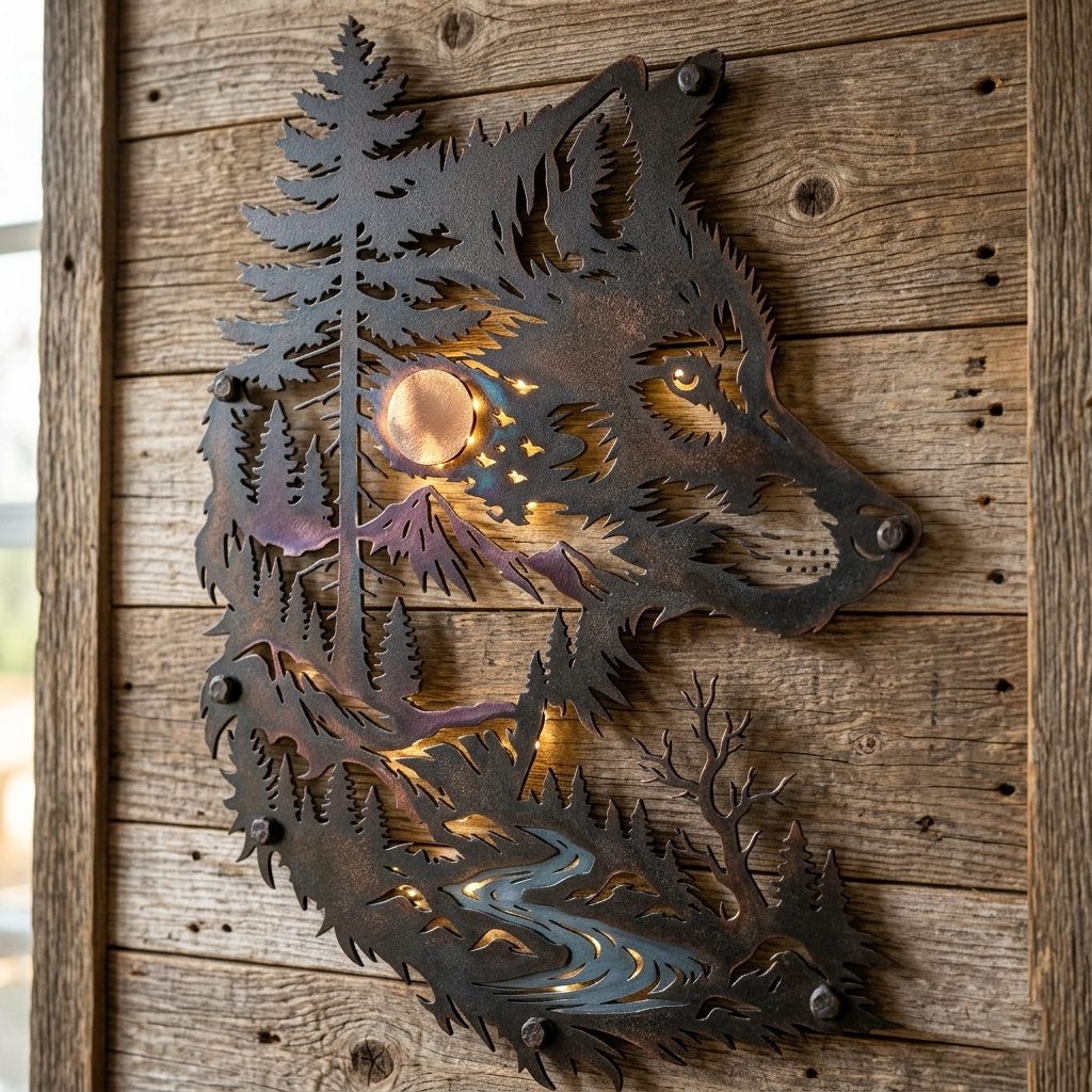 Copper wolf head tree metal wall art warm tone color variant
