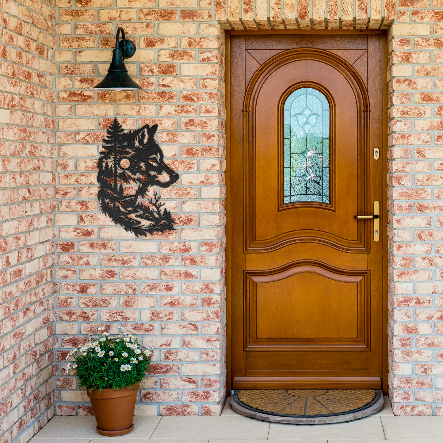 Wolf head tree metal wall art shown in six sizes side by side
