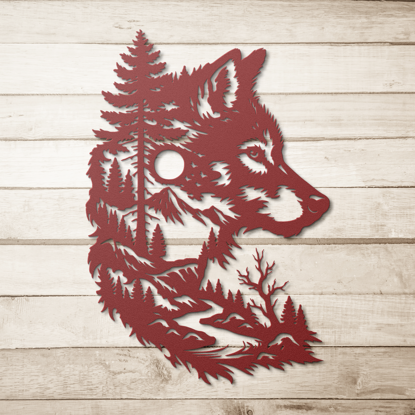Black wolf head tree metal wall art front view no background