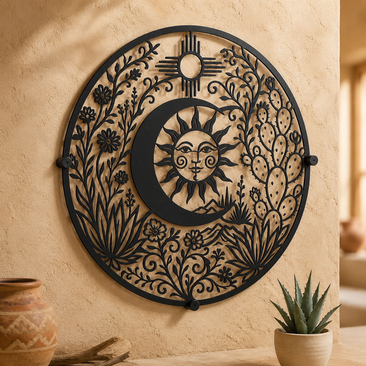 Sun moon face metal sign in black — southwest celestial outdoor garden wall art