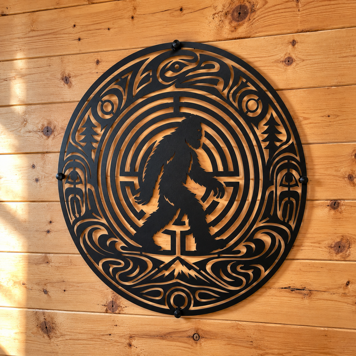 Bigfoot metal wall art in black — Pacific Northwest formline-style maze with raven, pines and waves