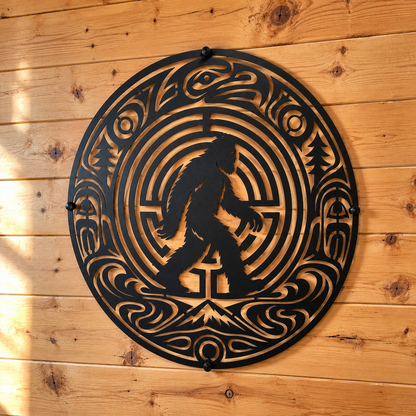 Bigfoot metal wall art in black — Pacific Northwest formline-style maze with raven, pines and waves