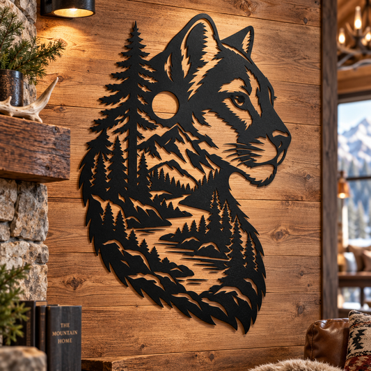 Mountain lion cougar metal wall art in black — double-exposure mountain landscape steel decor