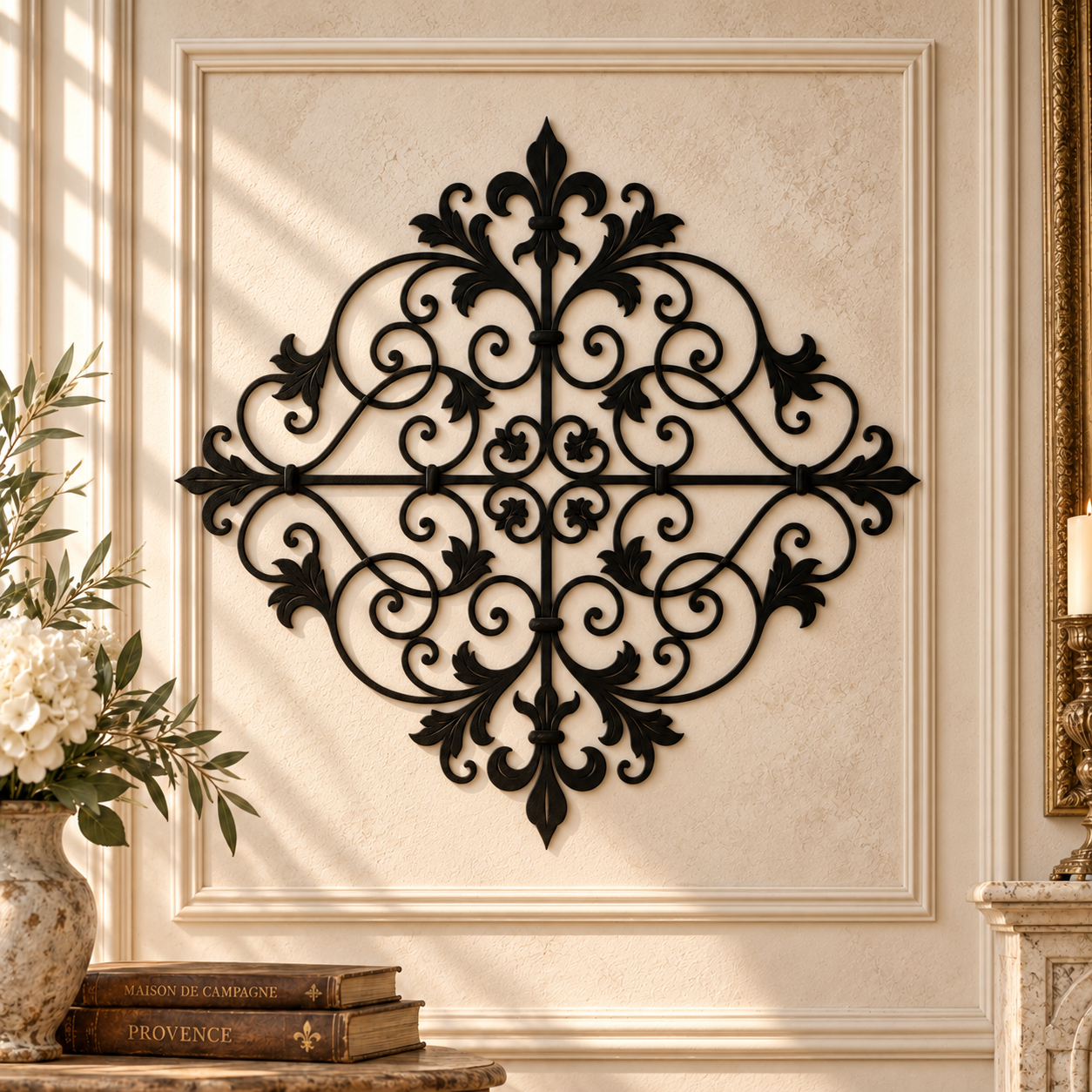 Fleur de lis scrollwork metal wall art in black — French ironwork-style plasma-cut steel decor