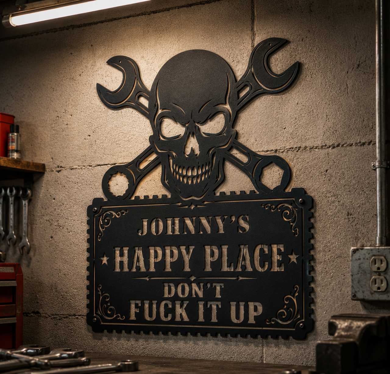 Personalized happy place metal sign with skull and crossed wrenches design — custom black powder-coated steel workshop wall art