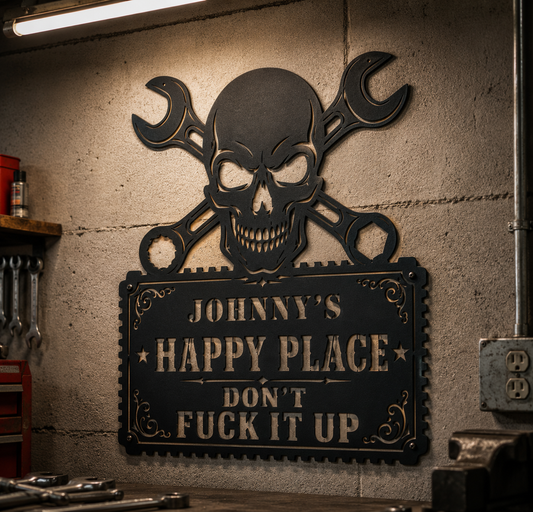 Personalized happy place metal sign with skull and crossed wrenches design — custom black powder-coated steel workshop wall art