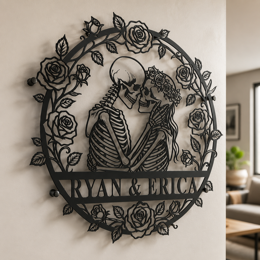 Custom skeleton couple metal sign in black — personalized gothic wedding anniversary wall art