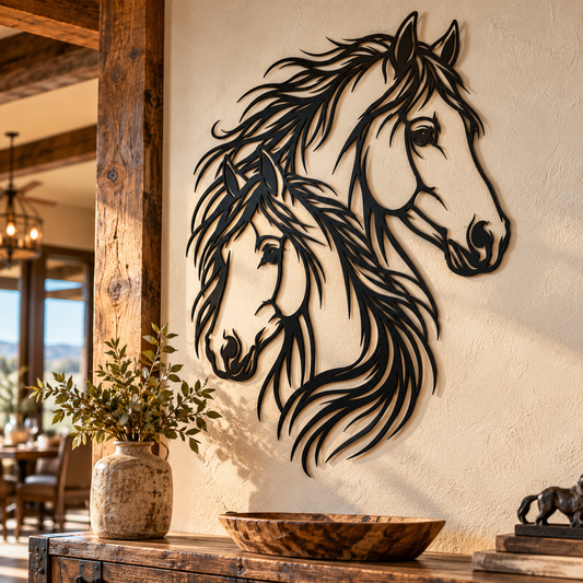 Horse pair metal wall art in black — twin mares with flowing manes plasma-cut steel decor