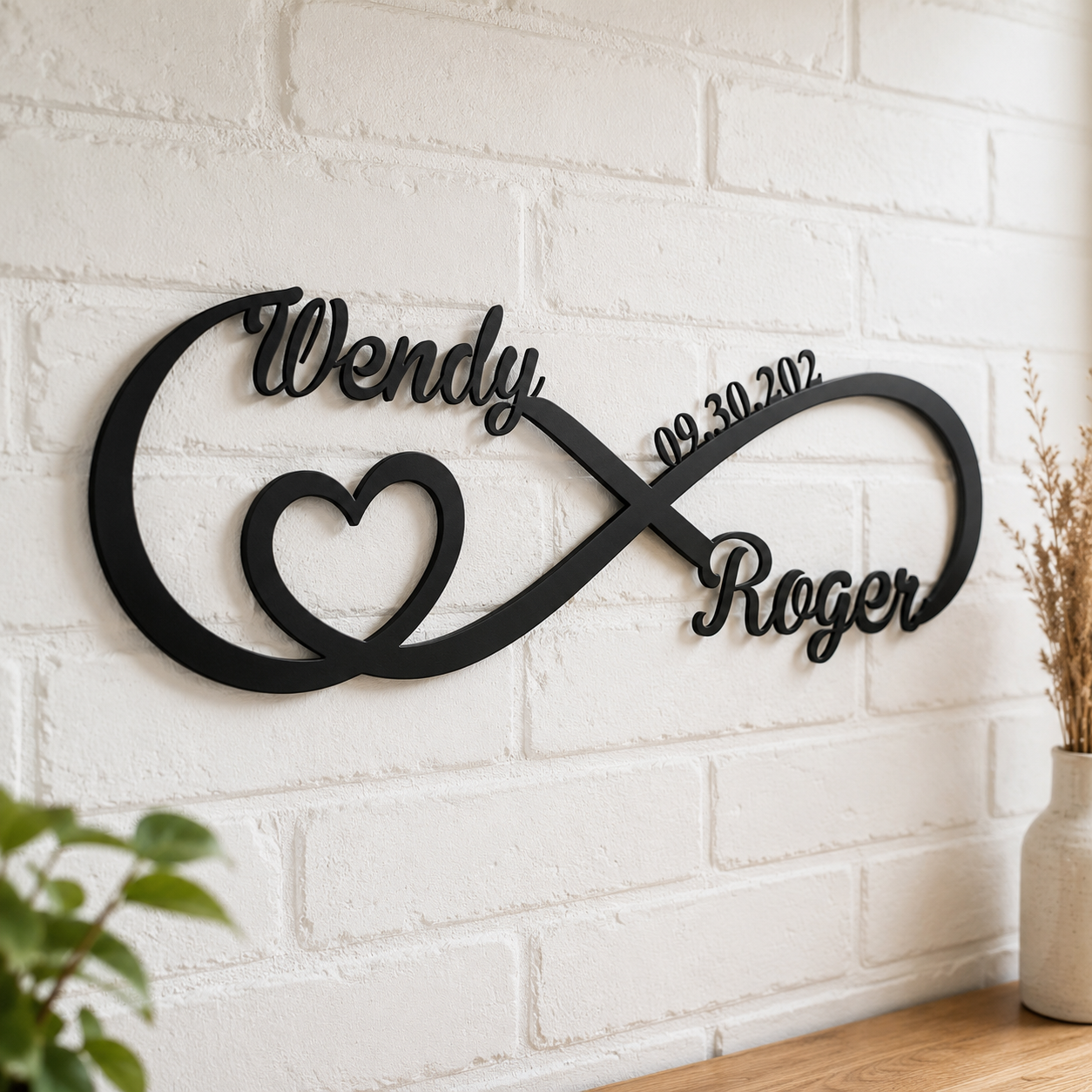 Personalized infinity love metal sign — custom names and wedding date in a plasma-cut steel infinity symbol