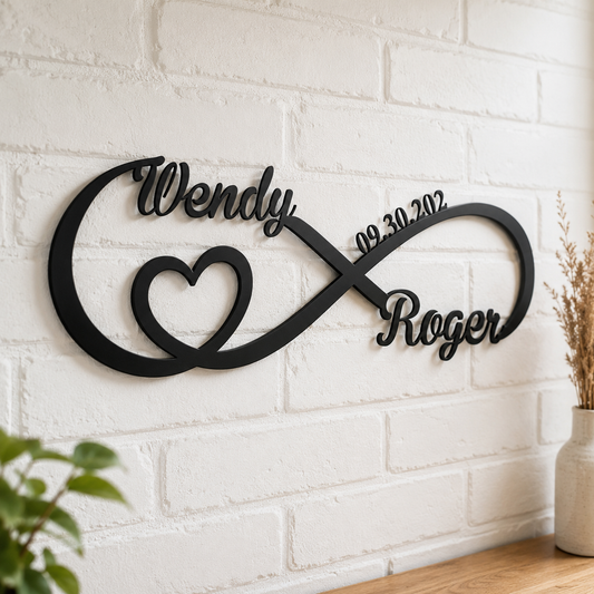 Personalized infinity love metal sign — custom names and wedding date in a plasma-cut steel infinity symbol