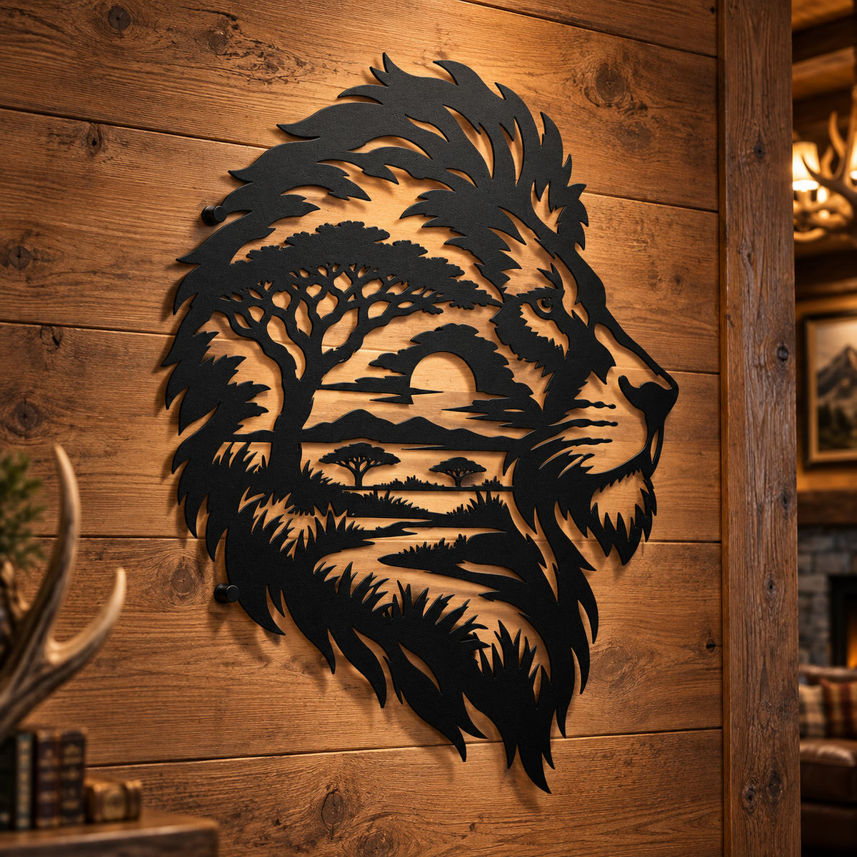 Lion metal wall art in black — double-exposure African safari landscape steel decor